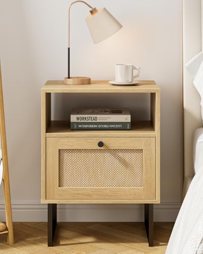 Image of Masupu Extra Large Rattan Nightstand,Modern Boho Farmhouse Wood Bedside Table with Storage Drawer and Open Shelf, Black Frame Side End Table for Bedroom,Living Room,Office (Natural)