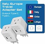 Ceptics European, Italy Travel Adapter Plug (Type C, L) - 3 in 1 - Dual USB - 2 Pack