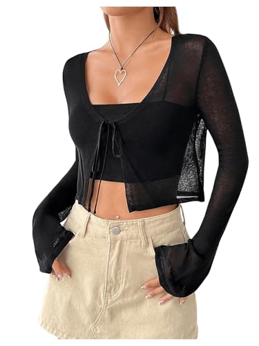 SHENHE Women's Mesh Sheer V Neck Tie Front Long Sleeve Solid Crop Cardigan3