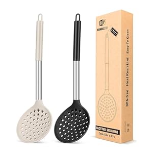 Kitchen Ladle Strainer Set of 2 Large Slotted Spoon with High Heat Resistant BPA Free Non Stick Cooking Skimmers For Draining and Frying (Black-Khaki)