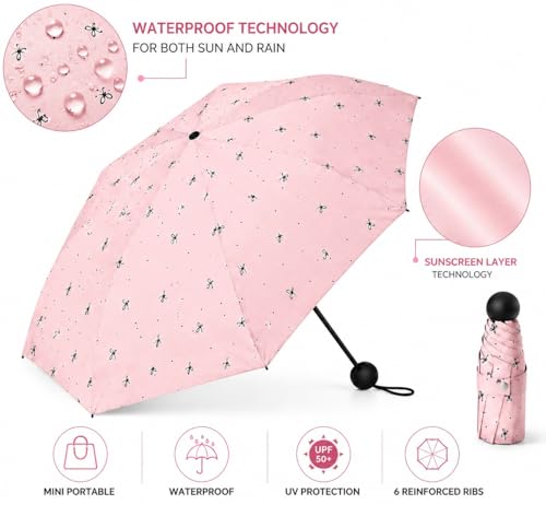 Image of Mini Umbrella with Case for Men & Women (Manual Open) Compact Travelling Pocket Umbrella, Polyester & UV Protect Fabric for Summer /Anti-Slip Handle- Use in Rain & Summer (Pink-Print)