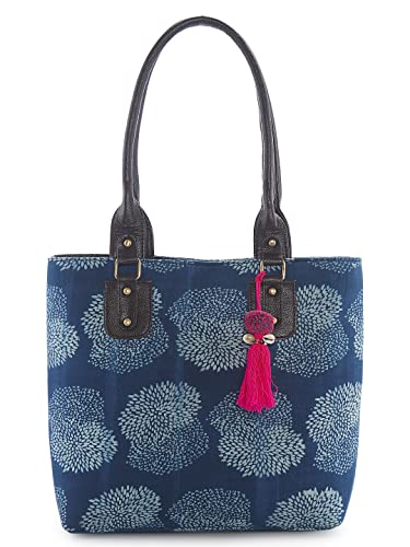 Image of NEPRI Office Pouch Tote Bag | Stylish Set of 2 Tote Bags for Women| Vegan Leather & Handblock Printed Fabric Handbag with Double Handle Shoulder Strap| Daily & Travel Use