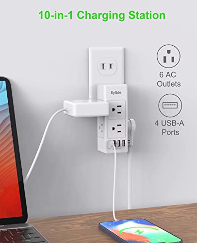 2 Prong Power Strip with Rotating Plug, EyGde Multi Plug Outlet Extender, Multiple Outlet Splitter(3 Sided 6 Sockets) and 4 USB Ports, Wall Adapter Surge Protector (1700J) for Travel, Office, White