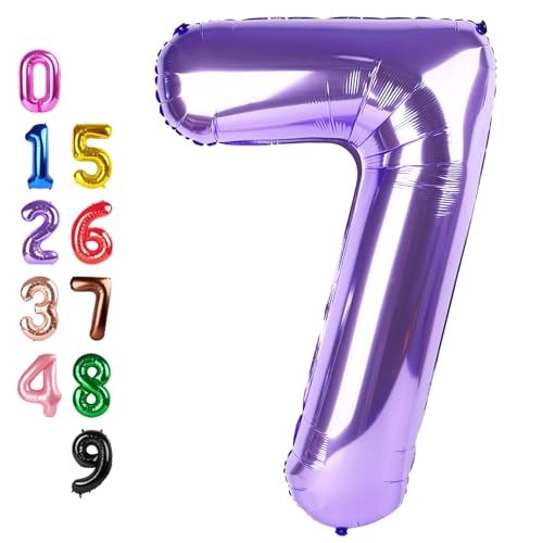 Image of Number Balloons 40 inch 7 Balloon Purple 7th Birthday Decorations for Women | Saturated Color, Large 40 in, With Straw & Hanging Hole, For Back-to-School Season, Wedding, Christmas, New Year, Anniversary