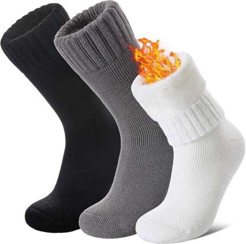 3 Pairs Thermal Socks For Men Women KASTWAVE Warm Winter Extra Thick Insulated Crew Boot Socks Cold Weather Heated Ski Sock (Black Grey White)