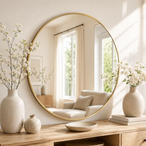Garvee 20 Inch Round Wall Mirror Gold Metal Frame Modern & Minimalist Design Explosion-Proof Backing Crystal Clear Reflective Glass Bedroom Bathroom Entryway Decor Easy Installation