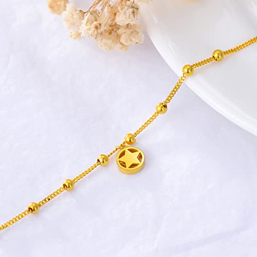 18k Solid Gold Bracelet for Women, Yellow Gold Durable Cuban Chain Bracelet with Dangle Star Jewelry Gift for Her, Wife, Mom,6.5"-7"4