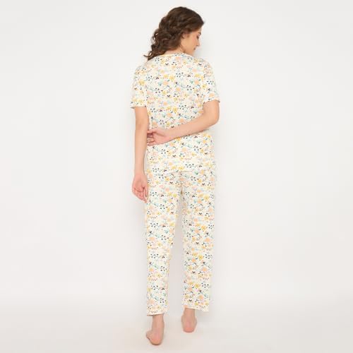 Image of CAMEY Women's Printed Pyjama Set, Short Sleeve T-Shirt and Trousers, Women Nightsuit, Loungewear Sets