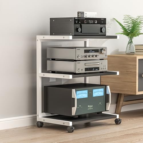 Movable AV Media Stand CD Player Stand Stereo Component Cabinet Audio Tower Multi-Functional Storage Rack with 3 Tier Wooden Shelf for Home/Office/Theater, 50x40x70cm (Color : A)