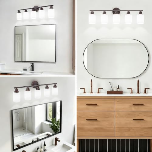 Image of 5-Light Bathroom Light Fixtures, Oil-Rubbed Bronze Gold Vanity Lights for Mirror with Textured Milky White Glass Shade, E26 Modern Kitchen Light Fixtures Wall Sconce Light