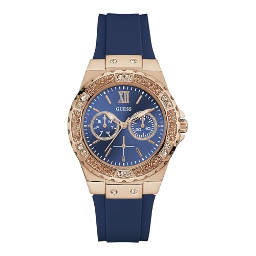 GUESS Montre Femme en Acier Inoxydable + Silicone résistant aux Taches avec Fonction Jour + Date, Bleu/Or Rose, NS, Moderne