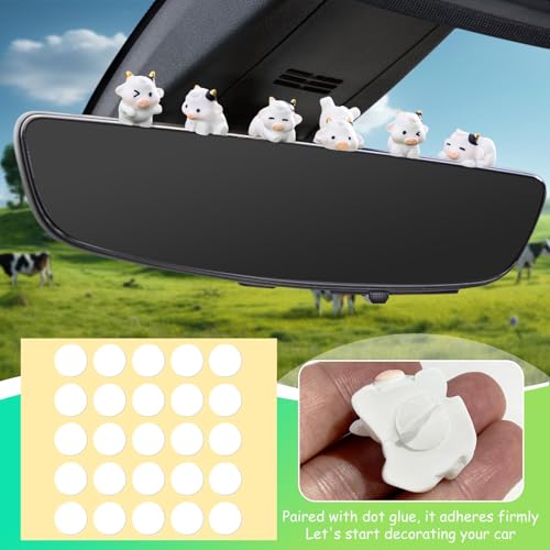 6Pcs Cute Cow Car Rearview Ornaments - Vehicle Rear View Mirror/Dashboard/Touchscreen Top Funny Adorable Mini Cows Decor Set, Cars Interior Accessories for Women Men（ White） - Thumbnail 7