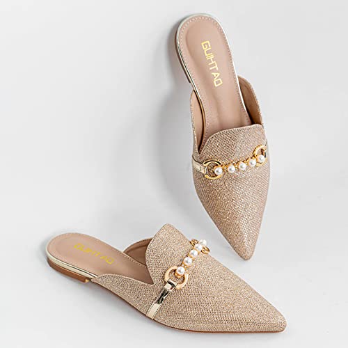 Guihtao Mules For Women Comfortable Flats Pointed Toe Slip-On Pearl Decoration Shoes (Gold Glitter, Adult, Women, Numeric_8, Numeric, Us_Footwear_Size_System, Medium) #TOP2
