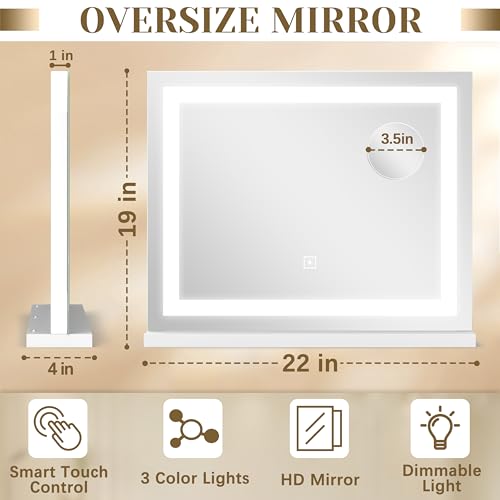 Image of ROLOVE 22x19 Inch Lighted Vanity Mirror, Large LED Makeup Mirror with 3 Color Modes, Dimmable Touch Control, Wall Mount & Tabletop, with Detachable 10X Magnification Mirror, White