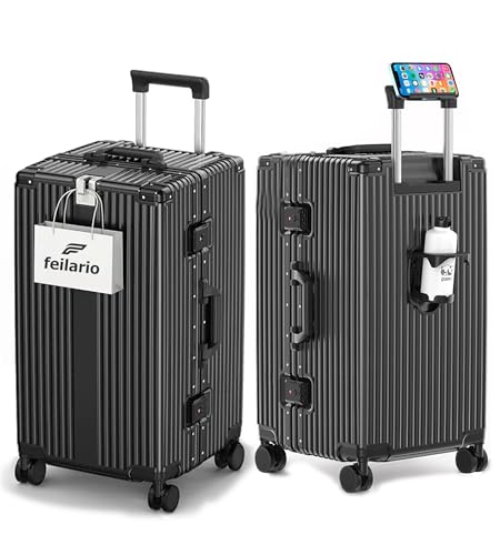 Image of feilario Super Large Aluminum Frame Checked Luggage, Removable Wheels | Zipperless access, PC shell, TSA lock, cup /phone holder and 126L capacity suit dorm moves, moving and long trips