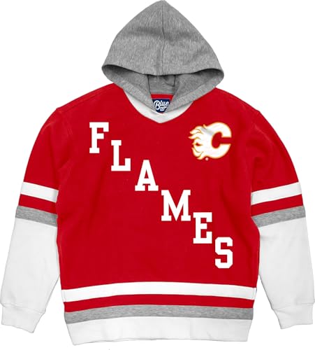 Blue 84 Calgary Flames NHL Officially Licensed Hockey Hooded Sweatshirt Felt Embroidery, Large Team Color