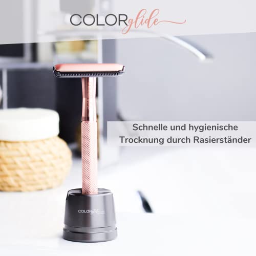 Foto von COLORglide® Rasierhobel Damen inkl. Rasierhobel Ständer & 5 Klingen | Rasierhobel Frauen Zero Waste | Safety Razor Rasierhobel Set | Rasierer Frauen geschlossener Kamm | boopan Damen Rasierer