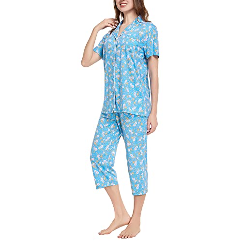 Image of Tugege Capri Pajamas Set Womens Button Down Short Sleeve Lounge Sets Sleepwear Notch Collar Top & Capri 2 Piece PJ Sets