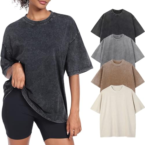 Womens Vintage Oversized T Shirts Acid Washed Baggy Cotton Tee