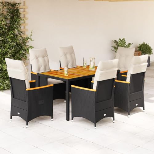 INLIFE Set de Comedor de jardín 7 pzas y Cojines ratán sintético Negro Mobiliario,Muebles de jardín,Conjuntos de jardín Negro 75kg-700