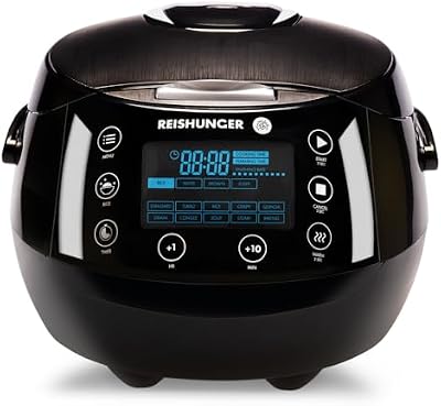 REISHUNGER Olla Arrocera Eléctrica y Vaporera Negro hasta 8 Personas (1.5 l)– Hervidor de Arroz con 12 Programas - Con Pantalla LED y Función Automática de Mantenimiento del Calor