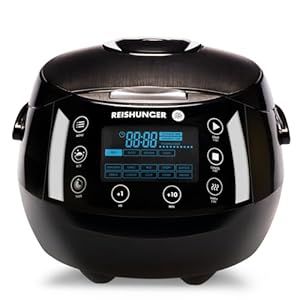 Reishunger Digital Rice Cooker and Steamer, Black, Timer – 8 Cups – Premium Inner Pot, Multi Cooker with 12 Programs & 7-Phase Technology for Brown Rice, Soups, Grains, Oatmeal & more – 1-8 People