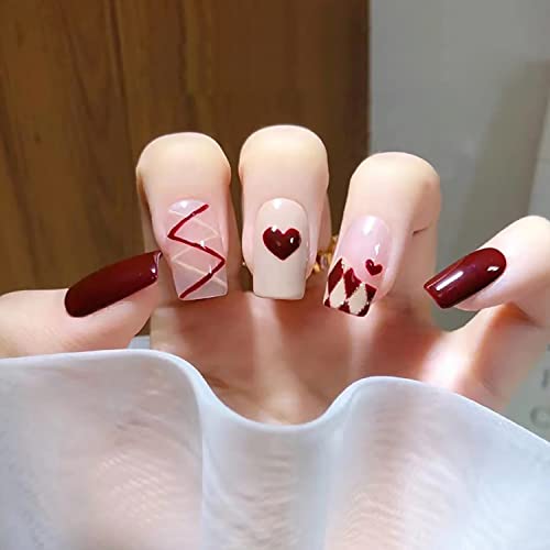 Press On Nails Short Square Stick On Nails With Red Love Heart Designs Coffin Shape Full Cover Reusable False Nails With Glue Artificial Fingernails Acrylic Fake Nails For Women Glue On Nails #TOP7