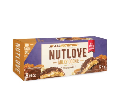 ALLNUTRITION Nutlove Sugar Free Chocolate Cookies - Galletas de Chocolate con Leche Rellenas de Cacahuete y Caramelo - Dulces sin Azúcar - Snacks Bajos en Calorías - 1 Paquete x 128g