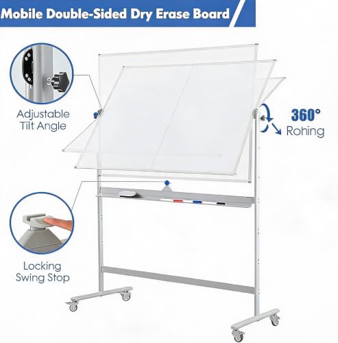 Magnetic Double-Sided Mobile Whiteboard 48"X36" with Stand - Adjustable Height & Angle Rolling Dry Erase Board on Lockable Wheels for Office, Classroom, Homeschool, Meeting, Presentation - Image 2