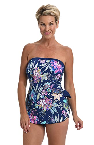 Maxine Of Hollywood Women's Standard Bandeau Sarong One Piece Swimsuit, Navy//Tulum Tiki Floral, 14 #TOP2