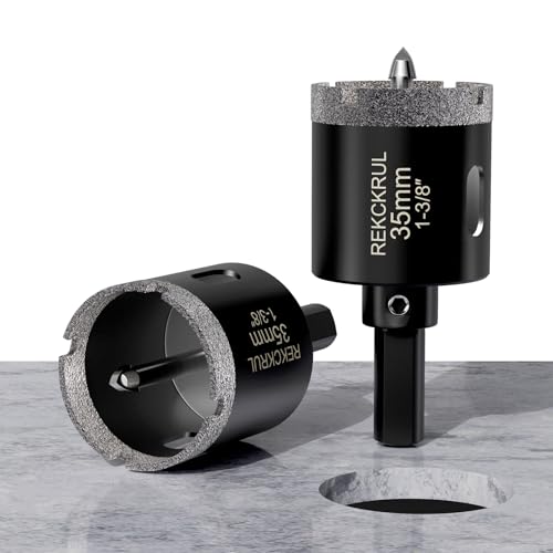 Image of 1-3 /8 Inch Diamond Hole Saw with Pilot Drill Bit 2PCS | Premium Tile Hole Saws Porcelain, Ceramic, Granite, Marble, Glass , 1-3 /8 inch Cutting Depth, Serrated Edge Wet /Dry Use (35mm)