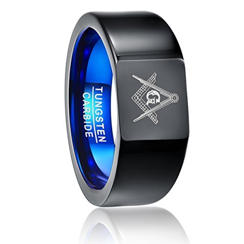 Vakki Black Blue Masonic Tungsten Carbide Square Rings for Men Women Freemason Symbol Ring High Polished Size 7-12