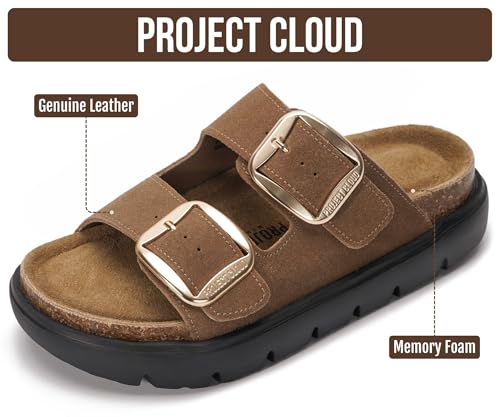 Image of Project Cloud 100% Genuine Leather Platform Sandals Women Footwear - Wedge Chunky Slides for Women 2026 with Memory Foam Insole & Cork Footbed Womens Sandals (GreeceChunky)