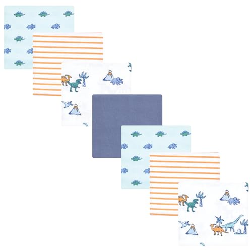 Little Treasure Hudson Baby Cotton Poly Flannel Receiving Blankets Multipack, Blue Pastel Dino, 30x30 inches