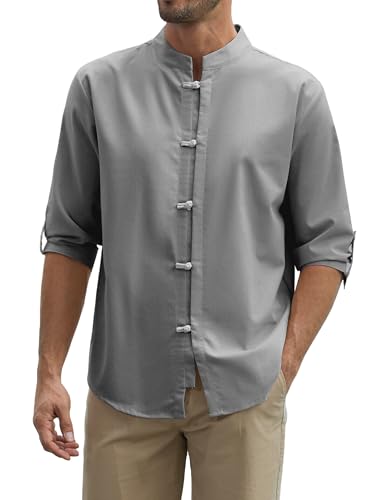 Zaitun Mens Cotton Linen Shirts Casual Buttons Down Roll-Up Sleeve Shirt Summer Chinese Style T-Shirts