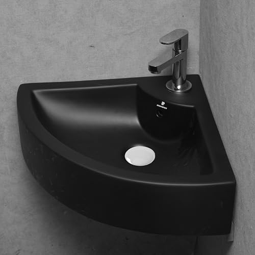Image of REMANENCE Ceramic Wall Hung Corner Wash Basin for Bathroom | Wall Mounted Corner Sink (20.4 x 15 x 6 Inch) (Black)