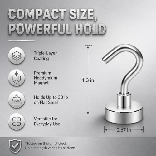 Image of Neosmuk Steel Magnetic Hooks, 22 Lb+ Heavy Duty Earth Magnets With Hook For Refrigerator, Extra Strong Cruise Hook For Hanging, Magnetic Hanger For Curtain, Grill (6), Silver