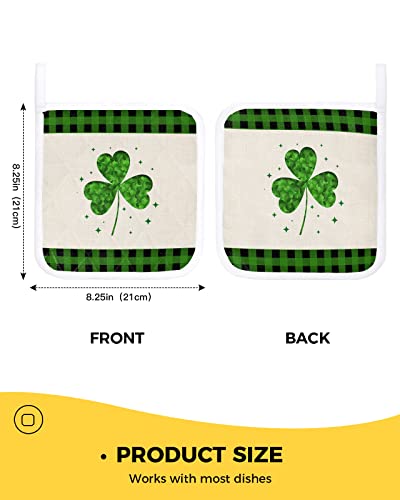 Pot Holders Set Of 2,Irish Saint Patricks Green Shamrock Potholder For Kitchen Heat-Proof Hot Pads,Light Clover Black Plaid Vintage Cotton Linen Hot Mats Potholders For Cooking Baking Bbq #TOP2
