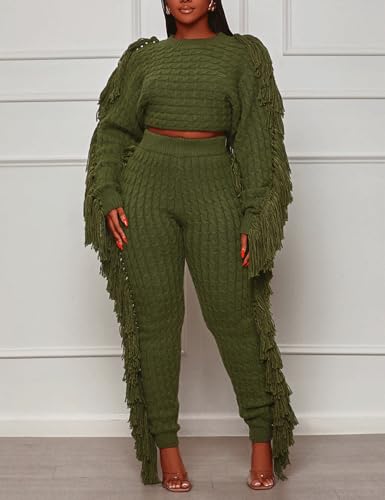 Image of KANSOON 2 Piece Sweater Set for Women Cable Knit Fringe Crop Top and Pants | Cozy feel, ribbed high waist, comfortable stretch fit for birthday and chilly going-out outfits