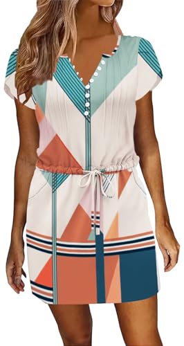 Womens Summer Casual Dresses Short Sleeve Striped Dress Boho Beach Vacation Tie Drawstring Waist Sun Dresses with Pockets,Striped Block,Medium