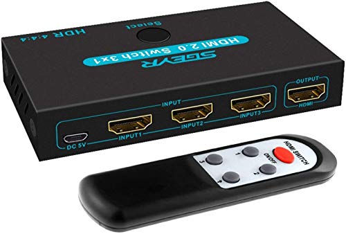 HDMI Switch 4K 60Hz, SGEYR Conmutador HDMI Switcher 3 Puertos con Control Remoto, Automático Switch 3 Entradas a 1 Salida, Soporta UHD 3D 1080P, HDR para PS 3/4 XBOX, DVD, HDTV, proyector