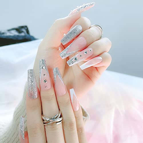 24Pcs Press on Nails Long French Gel Fake Nail Set, Shiny Silver Diamonds, Reusable Girls' Manicure Set Including Jelly Glue, Nail File, Cuticle Stick.