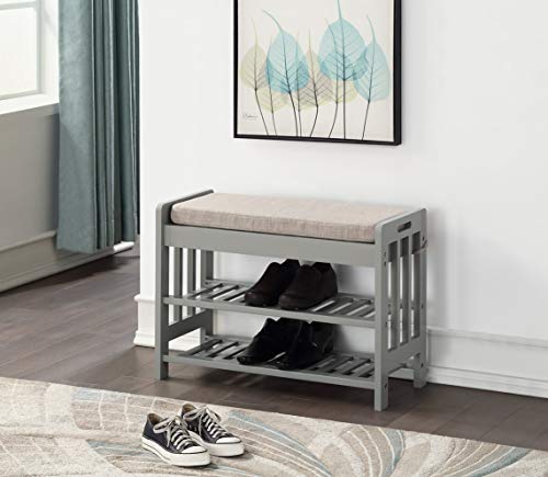 Grey Finish Solid Pine Wood Storage Shoe Fabric Bench Shelf Rack Entryway Bathroom