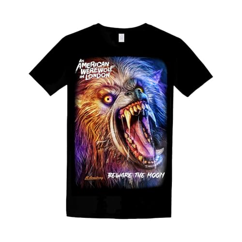Image of Wild Star Hearts American Werewolf in London T-Shirt - Beware The Moon - Horror Movie Graphic Tee Black Cotton T-Shirt.