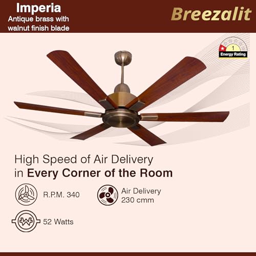 Image of Breezalit Imperia 1200 mm (48 Inch) 6-Blade Designer Ceiling Fan | 80 W Powerful Copper Motor | Antique Brass Body & Walnut Finish Blades | Silent High-Airflow | 2-Year Warranty
