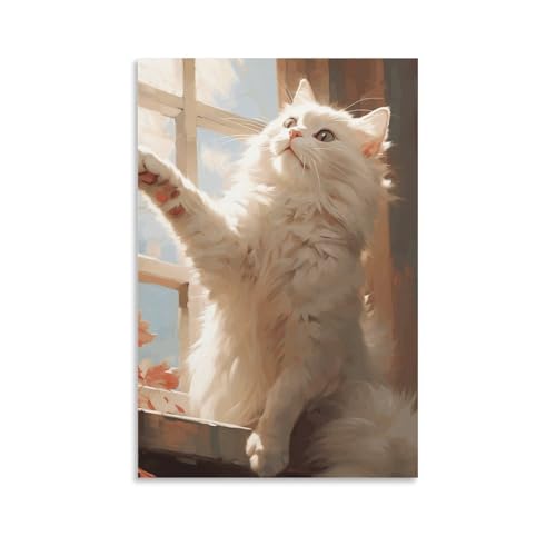 Tableau chat blanc à la fenêtre impression sur toile moderne pour décoration maison