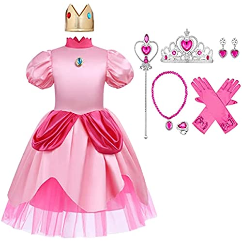 Comboo Enfants Filles Princesse Peach Costumes Robe à Manches Courtes Cosplay de Fête d'halloween pour Déguisement de Carnaval de Fête (rose,150)