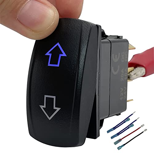 Image of 12V 20A Blue Backlit DC Motor Reverse Polarity Momentary Rocker Switch 6P (ON)-Off-(ON) DPDT Retactive Toggle Switch for Car Window Electric Trailer Jack Motor RV Fan Winch Snow Blower