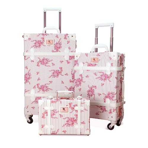 Unitravel Vintage Luggage Set, 3 Piece Retro Suitcase with Spinner Wheels Combination Lock and Carry On Cosmetic Train Case for Women (Pink Floral, 26"+20"+12")