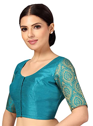 Image of Studio Shringaar Womens Elbow Length Sleeves Silky Saree Blouse with Brocade Sleeves.